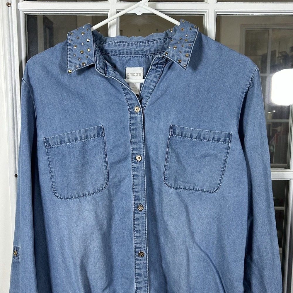 Chicos Gold Studded Collar Chambray Denim Button Down Shirt Tencel Size 2 (L) - Picture 7 of 12
